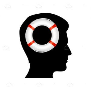Silhouette of man thinking and lifebouy in his mind